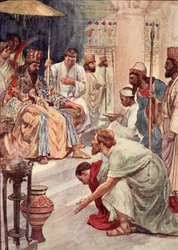 Temistokles na perskim dworze, ilustracja z „Życia Plutarcha dla chłopców i dziewcząt”, powtórzona przez W.H. Weston, Londyn ok. 1910